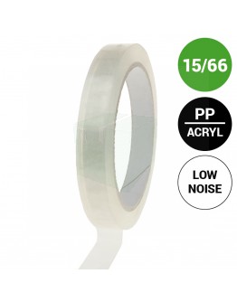 Verpakkingstape PP acryl 15mm/66m, transparant Low-noise
