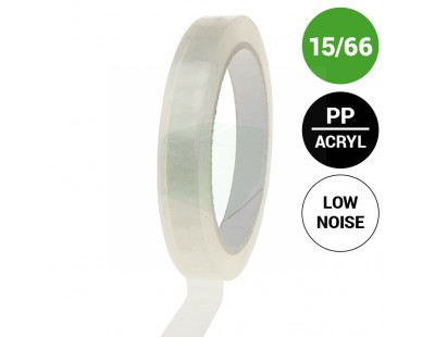Verpakkingstape PP acryl 15mm/66m, transparant Low-noise Tape - Plakband