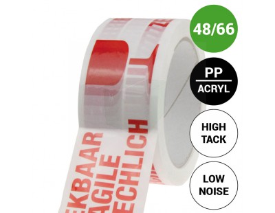 Waarschuwingstape "Breekbaar" 3 talen High Tack Low Noise 48mm/66m Tape - Plakband