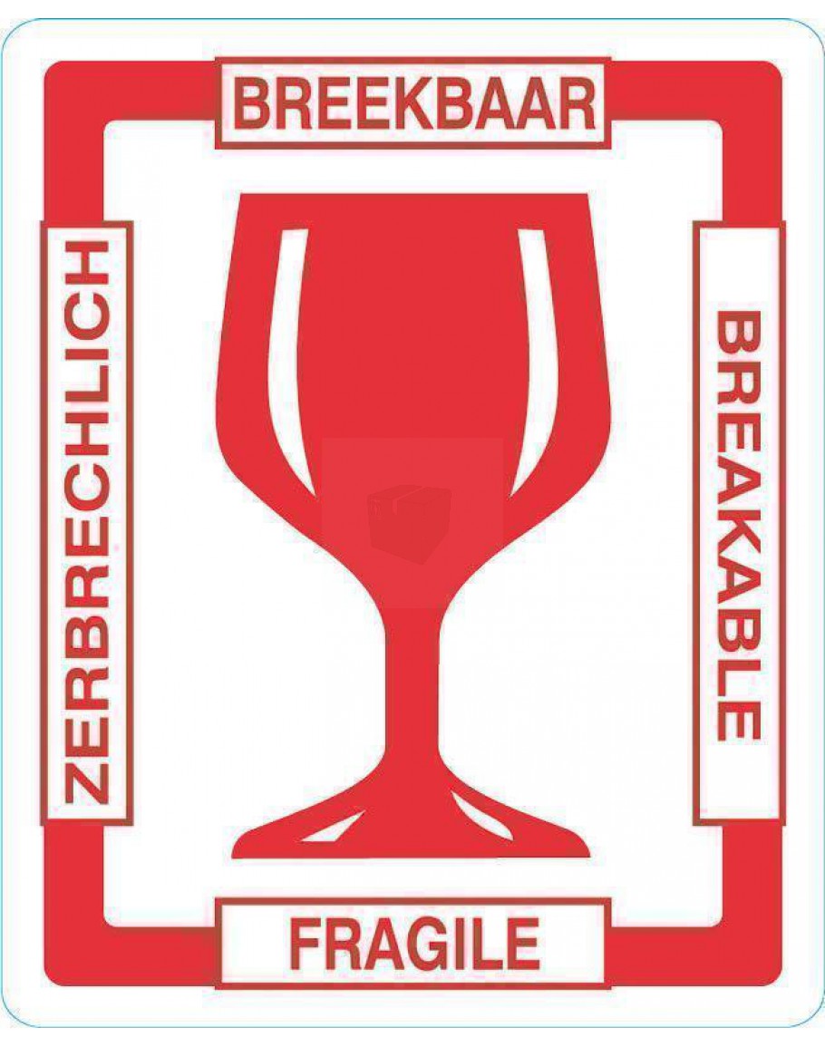 Etiket BREEKBAAR glas in 4 talen Rol met 500 stuks 98x79mm