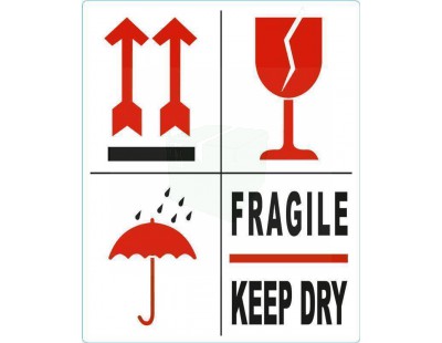 Etiket BREEKBAAR - FRAGILE - KEEP DRY - PIJL - GLAS 500 stuks per rol Etiketten en signalering